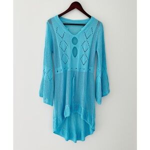 Boho Crochet Knit Mini Dress Turquoise Blue Beach Cover-Up